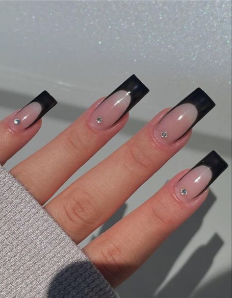 Black Matt French Tip Nails, Black French Nails Rhinestones, Black French Tip Nails Short Coffin, Fancy Black Nails With Gems, Black French Top With Gems, Black French Tip Nails With Rine Stones, Black French Tip Gems, Black French Tip Nails Charms, Black French Tip Rhinestone Nails