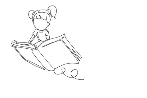 Single continuous line drawing little girl student or preschooler flying on magic book. Happy kids flying on the book. Knowledge power concept. Dynamic one line draw graphic design vector illustration Flying Books Illustration, Flying Books Drawing, Girl With Books Drawing, Child Books Illustration, Library Painting, Power Concept, Book Knowledge, Whole Brain Child, Graphic Design Vector