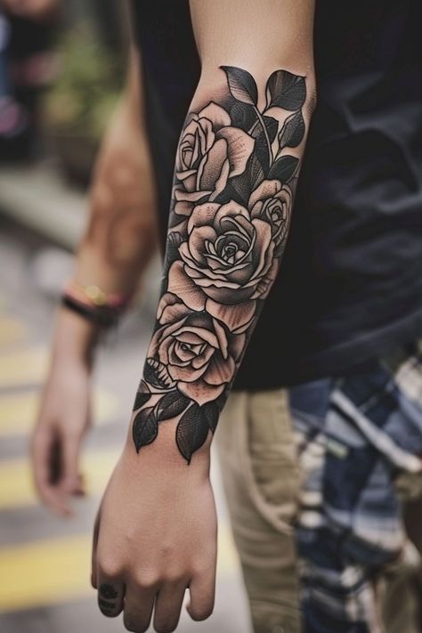 Explore the best meaningful forearm tattoo ideas for men with designs that carry deep significance. Rose Garden Tattoo Sleeve, Left Forearm Tattoo Men, Floral Tattoo For Men, Forearm Tattoo Men Ideas, Outside Forearm Tattoo Men, Flower Tattoos Minimalist, Left Forearm Tattoo, Outer Forearm Tattoo Men, Minimalist Tattoo Men