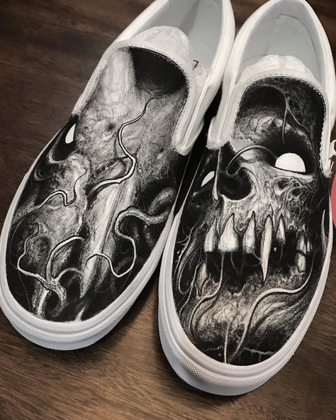 Commission/NFS ☠️🐐 #customvans #darkart Shoes Painting, Painted Objects, Painted Clothes Diy, Van Ideas, Candy Skulls, Look Rock, Red Skull, Skull Face, Skull Drawing