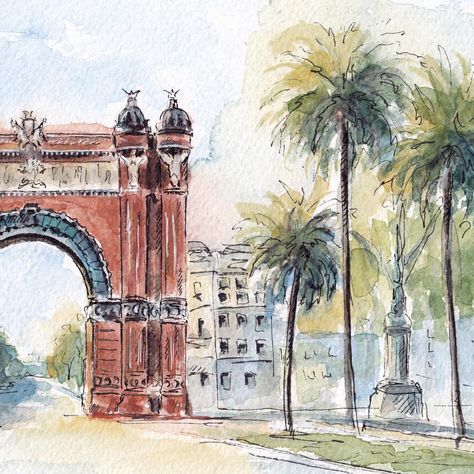 Fragment of a new sketch. 🖋 watercolor / pigment ink pen . . . #sketch #watercolor #watercolorsketch #arcdetriomf #barcelona… Spain Watercolor, City Sketches, Barcelona Print, Marker Painting, Custom Pet Painting, City Sketch, Watercolor Architecture, Barcelona City, Custom Cat Portrait