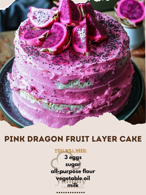 Cakes With Frosting, Fruit Layer Cake, Pink Dragon Fruit, Cozy Fall Recipes, Pink Food, Creative Baking, Pink Food Coloring, Pink Dragon, Whipped Cream Cheese