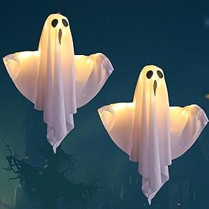 Flying Ghost Lights Halloween Decorations, LEDs Lighted Scary Hanging Glowing Indoor Outside Ornaments Spooky Outdoor Decor for Yard Tree Lawn Garden Party(2Pcs) Halloween Ghosts In Trees, Diy Ghost Hanging From Tree, Ghosts Hanging From Tree Diy, Ghosts To Hang In Trees, Halloween Hanging Ghost, Flying Ghost, Halloween Lights Decorations, Ghost Lights, Lawn Garden