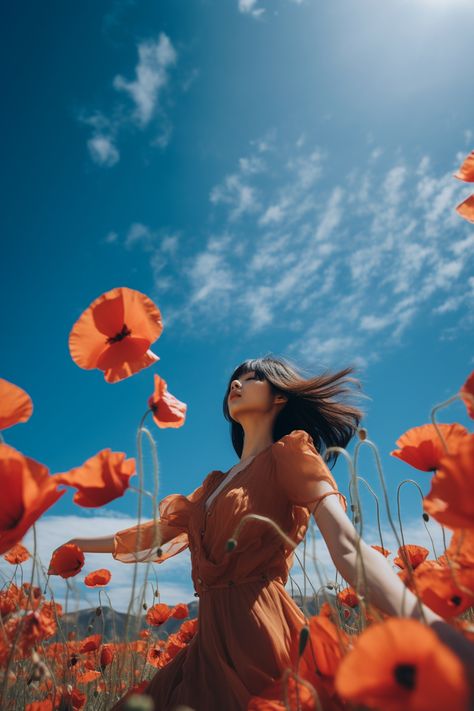 woman flies through red poppies, in the style of bertil nilsson, album covers, graceful balance, arthur tress, jacek malczewski, bloomcore, close up --ar 1:1 Photo In Flower Field, Flower Field Photo Ideas, Flower Field Portrait, Flower Field Reference, Person In Field, Flower Album Cover, Album Cover Photoshoot Ideas, Poppy Field Photoshoot, Woman In Flower Field