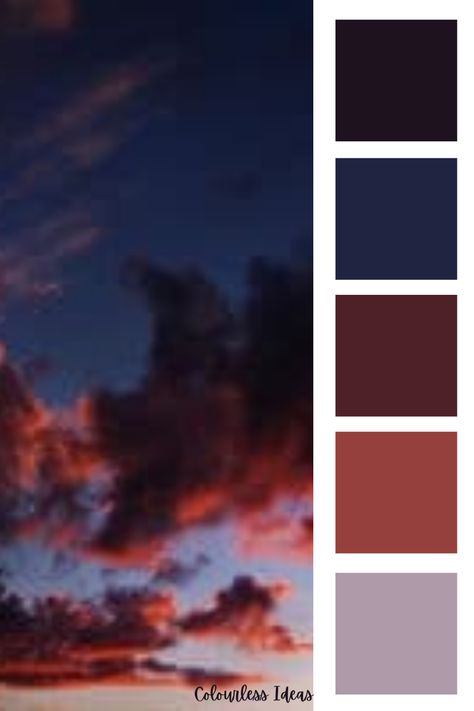 Evening Colour Palette, Midnight Colour Palette, Dusk Color Palette, Dawn Color Palette, Stormy Sunset, 30th Birthday Themes, Sunset Color Palette, Colour Pallets, Painting References