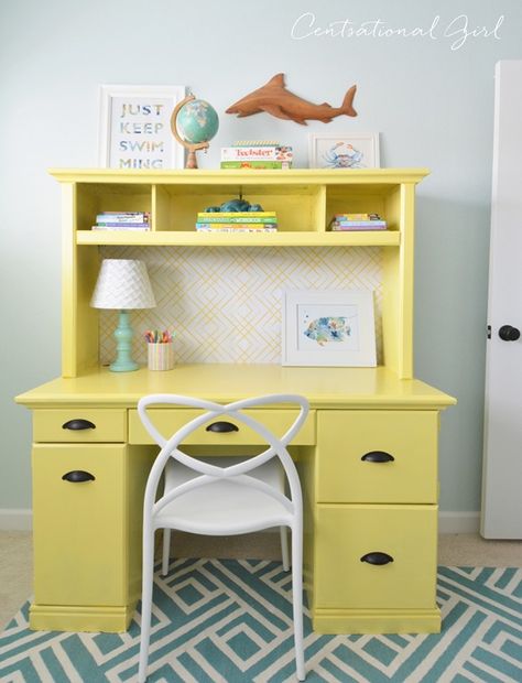 yellow painted desk and hutch with @bhglivebetter Yellow Painted Furniture, Kids Room Desk, Yellow Desk, Repainting Furniture, Study Table Designs, Painted Desk, Decorating Diy, Furniture Logo, Desk Hutch