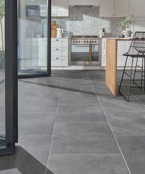 Dark Tile Floor Living Room, Dark Tile Kitchen, Modern Kitchen Grey Floor, Dark Tile Kitchen Floors, Dark Grey Tile Floor, Dark Stone Tile, Slate Tile Floor Bathroom, Dark Floor Tile, Black Kitchen Floor Tiles