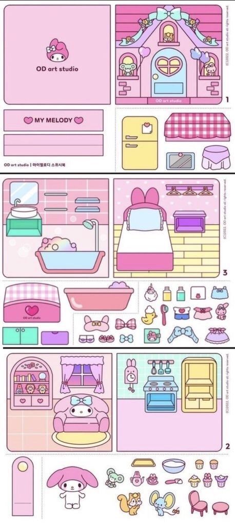 Kuromi Paper Doll House, Sanrio Paper Doll House, Melody Paper Doll, Sanrio Paper Doll, My Melody House, Kuromi House, Sanrio Paper Craft, Sanrio House, Printable Paper Toys Templates