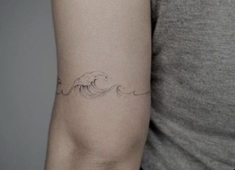 Unalome Tattoo With Waves, Wave Tattoo Line Work, Wave Tattoo Wrapped Around Arm, Collar Bone Wave Tattoo, Wrap Around Wave Tattoo, Ocean Arm Band Tattoo, Unique Ocean Tattoos For Women, Geometric Wave Tattoo, Water Tattoo Ideas Ocean