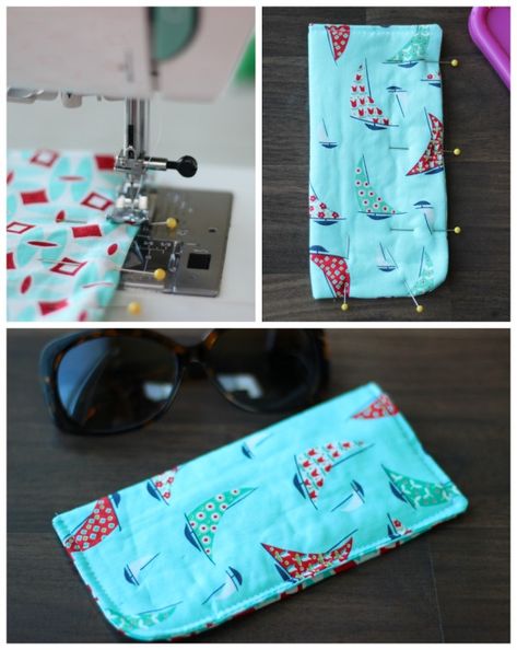 Make a sunglasses case sewing tutorial in 15 minutes to keep in your pool bag or purse this summer! A great use of scrap fabric and a practical way to keep sunglasses scratch-free! Sunglass Case Pattern, Sew Eyeglass Cases, Eyeglass Cases Pattern, Fabric Eyeglass Cases, Diy Sunglasses, Pool Bag, Beginner Sewing Projects Easy, Scrap Fabric, Small Sewing Projects