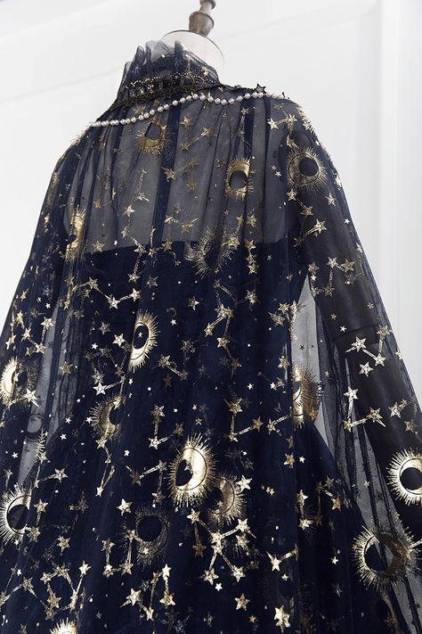 Lost Angel -The Starry Night- Lolita Cape (Gauze Version) Moonlight Outfit Ideas, Star Goddess Outfit, Star Core Clothes, Stary Night Outfit Ideas, Moon God Outfit, Star Suit Aesthetic, Starry Dress Aesthetic, Celestialcore Fashion, Under The Stars Outfit Ideas