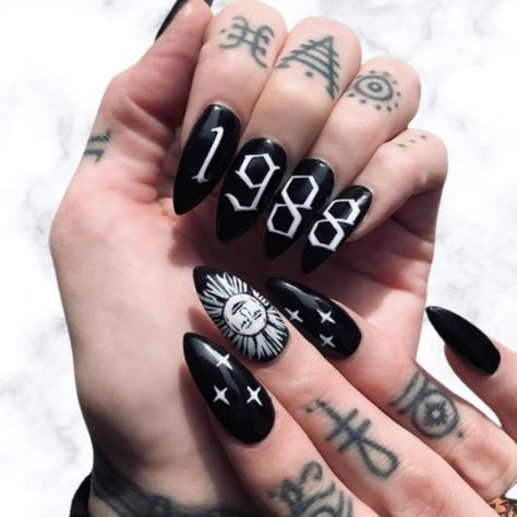 Old English Numbers, Glamorous Birthday, Black And White Nail, Black And White Nail Designs, Birthday Nail Designs, Birthday Nail, Old English Letters, Confetti Nails, Gothic Nails