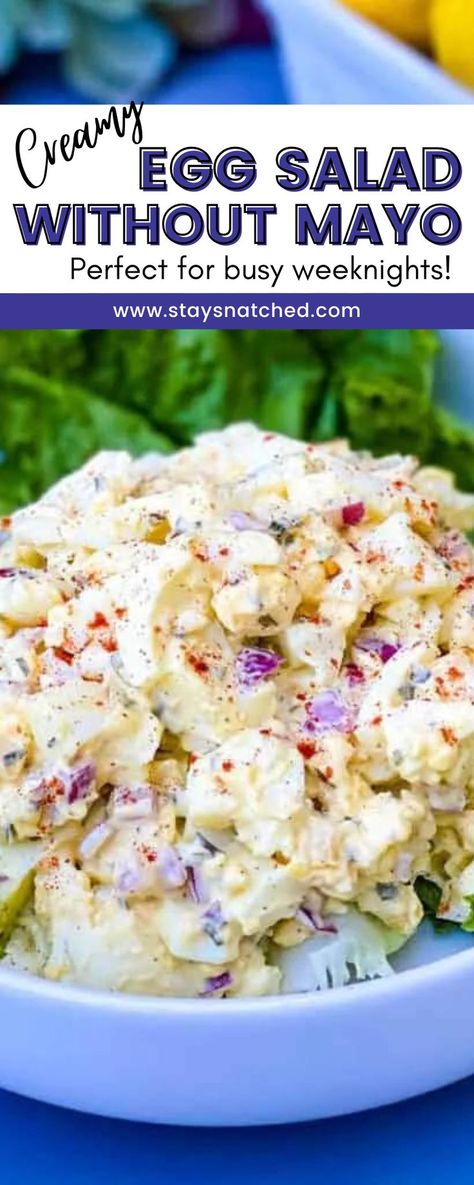 This Egg Salad Without Mayo is the perfect side dish for any spread. Use sour cream or greek yogurt for the perfect substitute. Feel free to toss in pickles or relish if you wish. This egg salad without mayo is perfect for busy weeknights with a nice bowl of soup or for a simple lunch on the go. Egg Salad Sandwich No Mayo, Egg Salad Recipe With Cream Cheese, Egg Salad Recipe Without Mayo, Egg White Salad Sandwich, Cream Cheese Egg Salad, Egg Salad With Sour Cream, Baked Egg Salad, My Special Egg Salad, Egg Salad With Cream Cheese