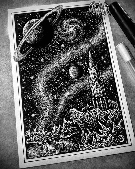 Space Pen Art, Galaxy Ink Drawing, Scenes And Spaces, Space Pen Drawing, Space Drawing Sketch, Space Gcse Art, Space Ink Drawing, Space Drawing Galaxies Pencil, Sketches Space