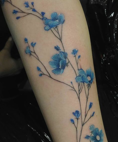 Blue Flower Tattoo Men, Blue Ink Flower Tattoo, Blue Bonnets Tattoo, Blue And Green Tattoo, Blue Poppy Tattoo, Blue Flowers Tattoo, Blue Flower Tattoos For Women, Blue Ink Floral Tattoo, Blue Bonnet Tattoo