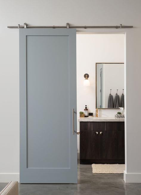 Modern Sliding Doors Bathroom, Small Rolling Door, Narrow Barn Doors, Modern Barn Door Laundry Room, Ensuite Bathroom Door Ideas, Restroom Door Ideas, Small Barn Doors Sliding, Sliding Bathroom Door Small Spaces, Bathroom Barn Door Ideas Master Bath