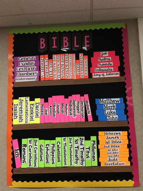 Sabbath School Decorations Room Ideas, Sabbath School Room Decor, Christian Displays School, Virtue Bulletin Board Ideas, Preschool Bible Classroom Decor, Bible Theme Classroom, Private Christian School Classroom, Bible School Classroom Decor, Bible School Room Decorations