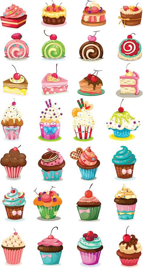 تتممم Cupcakes Bonitos, Birthday Cake Illustration, Cartoon Cupcakes, Cupcake Illustration, Cupcake Clipart, Cupcake Vector, Cupcake Drawing, 귀여운 음식 그림, Cake Illustration