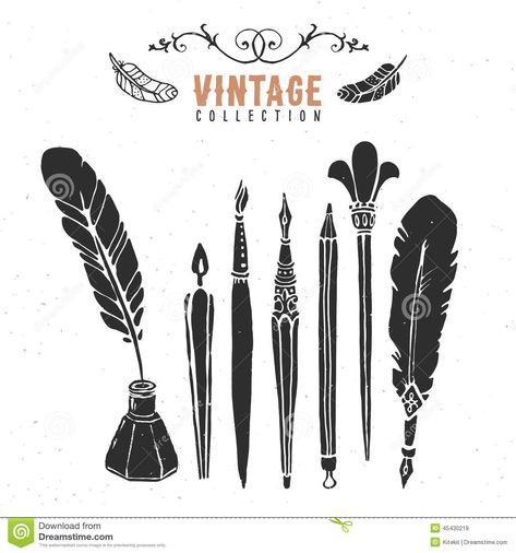 Vintage Retro Old Nib Pen Brush Ink Collection. - Pen Tattoo, Vintage Writing, Vintage Pens, Feather Pen, Pen Illustration, Calligraphy Nibs, Photography Words, Hand Drawn Vector Illustrations, Bullet Journal Themes