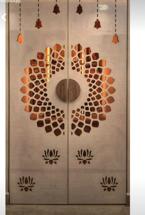 God Door Design Modern, Temple Double Door Design, Temple Door Glass Design, Mandir Pocket Door Design, Pooja Cnc Door Design, Pooja Unit Door Design Modern, Modern Pooja Room Door Design, Pooja Doors Design, God Temple Design For Home