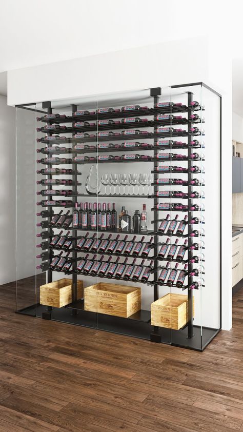 The Evolution Wine Wall Post Kit, up to 3m, creates an industrial chic architectural feature in custom commercial and residential wine rooms. This floating wine rack kit comes with everything you need to assemble a floor-to-ceiling column wine rack using our ground-breaking, label-forward Evolution Wine Wall system. Wine Rack Uses, Wine Wall Display, Wine Cellar Cooling Unit, Glass Wine Cellar, Wine Closet, Metal Wine Rack, Home Wine Cellars, Wine Cellar Design, Wine Rack Wall