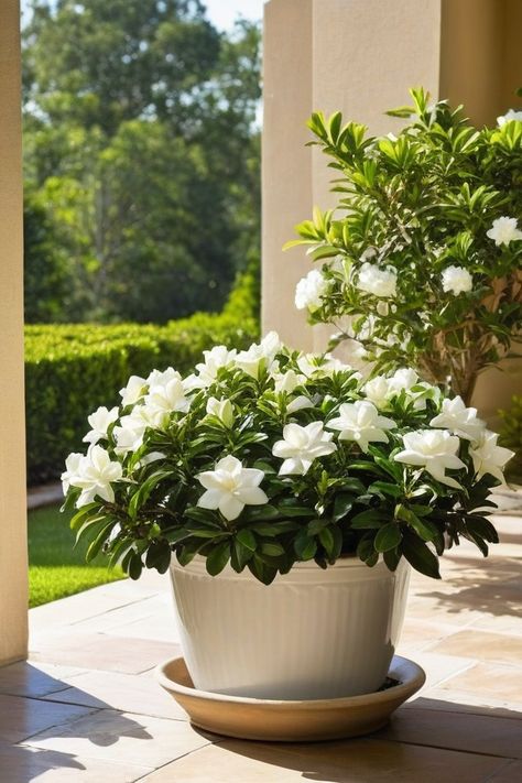 Love gardenias but short on space? How To Grow Gardenias In A Pot, Gardenia Shrub, Gardenia Bush, Gardenia Plant, White Gardenia, Yard Landscape, Long Branch, White Garden, Starter Home