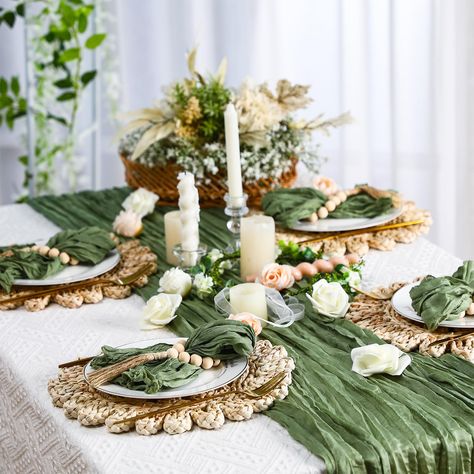 Sage Green Cheesecloth Table Runner, Green Cheesecloth Table Runner, Boho Napkins, Charger Table, Round Woven Placemats, Bautizo Ideas, Cheesecloth Table Runner, Beaded Napkin Rings, Birthday Dinner Party