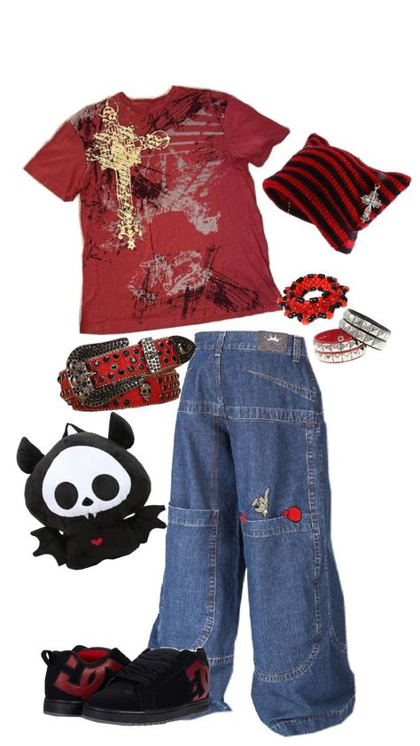 red y2k outfit Dark Red Y2k Outfit, Cute Outfits Red And Black, Punk Red Outfit, Easy Y2k Outfits For School, Red Y2k Shirt, Y2k Christmas Outfits, Red Clothes Aesthetic, Colorful Y2k Outfits, Red Y2k Outfit