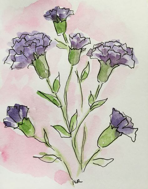 Small Watercolour Ideas, Pink And Purple Drawings, Happy Paintings Feelings Inspiration, Simple Watercolor Ideas For Beginners Step By Step, Line Art With Watercolor, Flower Drawing Watercolor, Flowers Drawing Watercolor, Watercolour Painting Easy, Small Watercolor Paintings