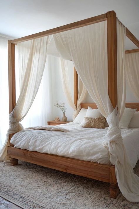 "Create a dreamy retreat with canopy beds and bed drapes! 🛏️✨ Perfect for adding elegance and romance to your bedroom decor. 🌟✨ #CanopyBed #BedDrapes #BedroomInspiration" Canopy Bed Small Bedroom, Four Poster Bed With Curtains, 4 Poster Bed Canopy, Canopy Bed Drapes, Bedroom Set Designs, Bed Drapes, Canopy Bed Curtains, Canopy Beds, Earthy Home Decor