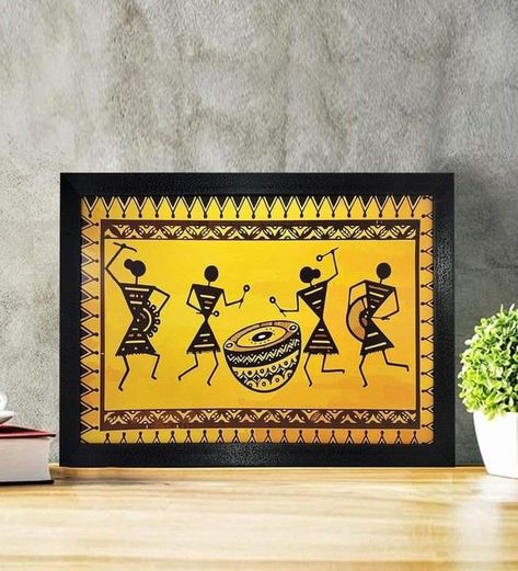 Handpainted on mehegoni wooden tray. Perfectly done with professional artists. Mandalas, Warli Art Painting, Warli Paintings, Worli Painting, Gond Art, Warli Art, Modern Art Canvas Painting, Yellow Wood, Mandala Art Lesson