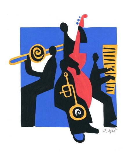 Original Art Gouache Painting, measuring: 22W x 26H x 0.1D cm, by: Andre Baldet (France). Styles: Pop Art, Impressionism, Minimalism, Figurative. Subject: Music. Keywords: Jazz Band, Jazz, Music, Jazz Players, New Orleans. This Gouache Painting is one of a kind and once sold will no longer be available to purchase. Buy art at Saatchi Art. Jazz Musician Style, Music In Art Paintings, Jazz Cover Art, Music Inspired Paintings, Jazz Inspired Art, Jazz Hands, Jazz Art Paintings, Soul Music Art, Jazz Typography