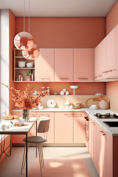 Salmon Pink Kitchen, Peach Colored Kitchen, Kitchen Peach Color, Peach Backsplash Kitchen, Dusty Pink Kitchen Cabinets, Cozy Peach Kitchen, Painted Kitchen Ceiling, Apricot Kitchen, Terra Cotta Kitchen