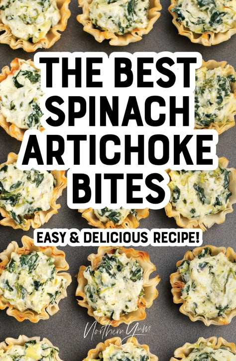 Mini Spinach Dip Cups, Spinach Artichoke Tartlets, Spinach Artichoke Dip Bites, Spinach Artichoke Puffs, Spinach Dip Bites Appetizers, Artichoke Dip Appetizers, Spinach Dip Cups, Spinach Artichoke Appetizer, Phyllo Dough Cups