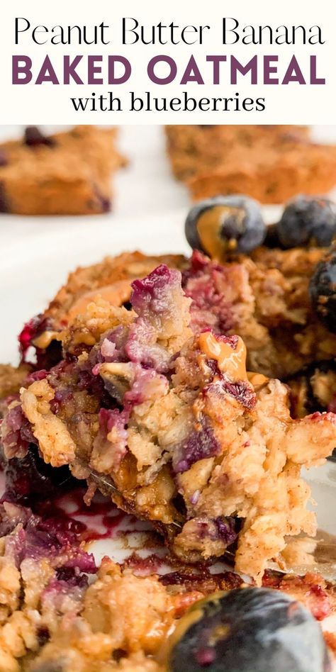 Peanut Butter Banana Berry Baked Oatmeal is the best quick & easy, make ahead, meal prep breakfast! Made with all wholesome ingredients this blueberry oatmeal is completely vegan, naturally sweetened with banana, and refined sugar free. Sure to be a new family favorite for busy mornings! Blueberry Oatmeal Recipes, Make Ahead Meal Prep, Berry Baked Oatmeal, Banana Oatmeal Recipe, Blueberry Oatmeal Bake, Peanut Butter Blueberry, Berry Oatmeal, Peanut Butter Breakfast, Banana Baked Oatmeal