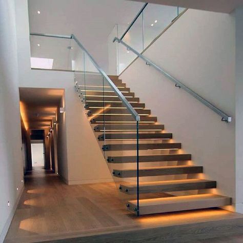 Top 60 Best Staircase Lighting Ideas - Illuminated Steps Glass Stairs Design, Staircase Lighting Ideas, Laminate Stairs, Stainless Steel Balustrade, Cantilever Stairs, Steel Balustrade, Glass Railings, Stairway Lighting, Interior Design Minimalist