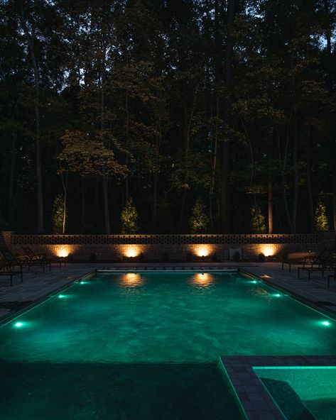 Landscape Lighting Around Pool, Pool Area Lighting, Lighting Around Pool Ideas, Swimming Pool Lighting, Pool Lighting, Pool Lighting Ideas, Backyard Night, In Ground Trampoline, Pool Porch