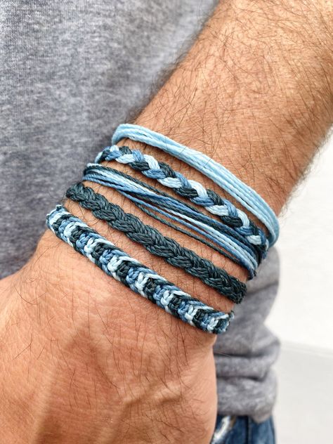 Blue string bracelet set for men || blue macrame bracelet pack for him || adjustable surfer jewelry || outdoor mens gift for father's day Mens Bracelet Diy, Surfer Jewelry, Braided Bracelet Diy, Bracelet Pack, Bracelet Diy, Surfer Bracelets, Handmade Jewelry Bracelets, Diy For Men, Cord Jewelry