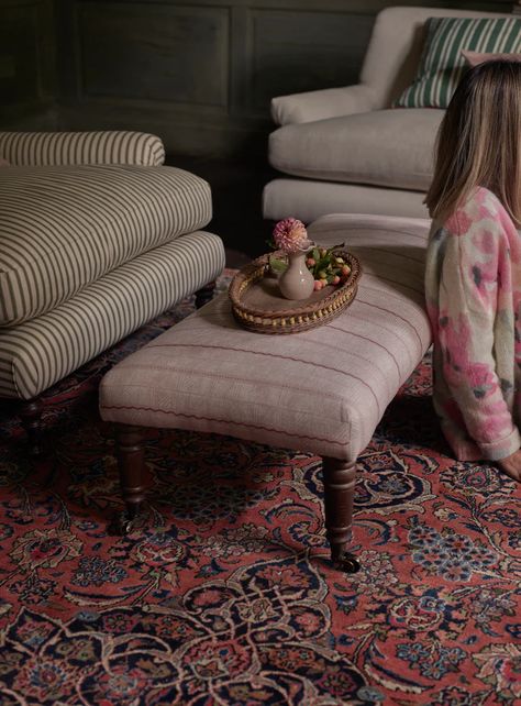 Wren Kitchen, Upholstered Footstool, Shelving Accessories, Pink Curtains, Textile Designer, Kitchen Mirror, Framed Fabric, Living Room Inspo, Linen Shop