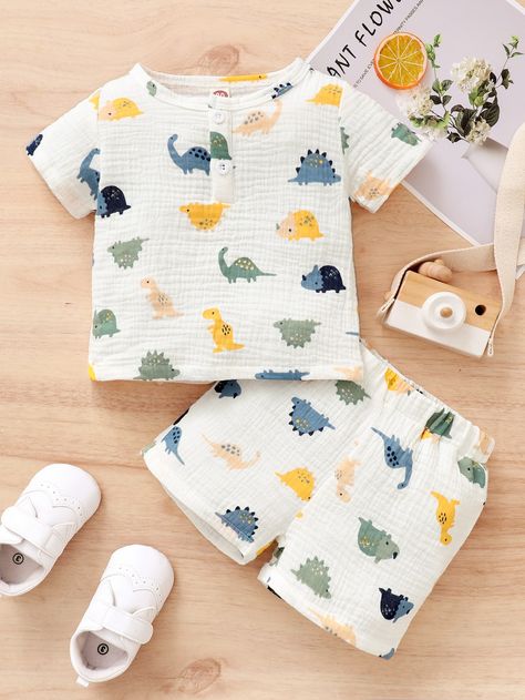 White Casual  Short Sleeve Cotton Cartoon  Embellished Non-Stretch Summer Baby Clothing Baby Boy Summer Outfits, Baby Boy Fashion Summer, Son Clothes, Boys Summer Fashion, Baby Dinosaur, Baby Boy Summer, Baby Boy Dress, Summer Baby Clothes, Baby Garments