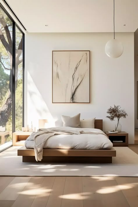 Bedroom Ideas Contemporary Modern, California Organic Interior, Organic Modern Bedroom Green, Organic House Decor, Platform Bed Styling, Organic Modern Loft, Mediterranean Modern Bedroom, Minimalism Bedroom Ideas, Minimal Bedroom Design Ideas