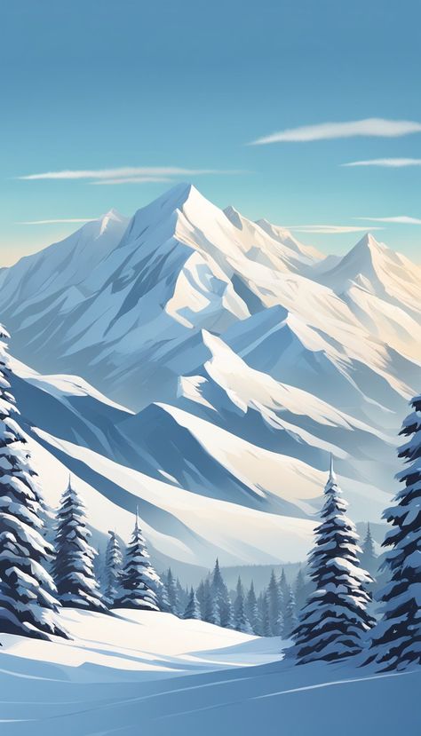 Aesthetic Background Illustration, Winter Pine Trees, Alaska Painting, Mountains In Winter, Macbook Wallpaper Aesthetic, Aesthetic Mountains, Western Artwork, Mountain Illustration, Backgrounds Aesthetic