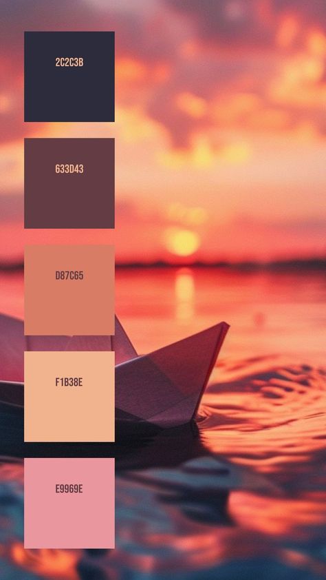 Colors:
2C2C3B
633D43
D87C65
F1B38E
E9969E The Setting Sun, Paper Boat, Kinds Of Colors, Setting Sun, Orange And Pink, Calm Water, Colour Palettes, Lights Background, Interior Ideas