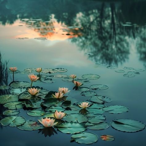 As the sun dips below the horizon, its fading light paints the sky in soft oranges and yellows, mirrored exquisitely on the serene water's surface. Water lilies, each a small oasis of tranquility, dot the pond with their delicate blooms, inviting a moment of reflection and peace. The interplay of light and shadow creates a captivating dance across the lily pads, while the stillness of the evening air envelops the scene in a sense of timeless beauty. Water Lily Pond Photography, Pond Lily Pads, Lily Pad Photography, Pond With Lily Pads, Water Lilies Pond, Lily Pad Flower, Pond Photography, Spring Moodboard, Duck In Water