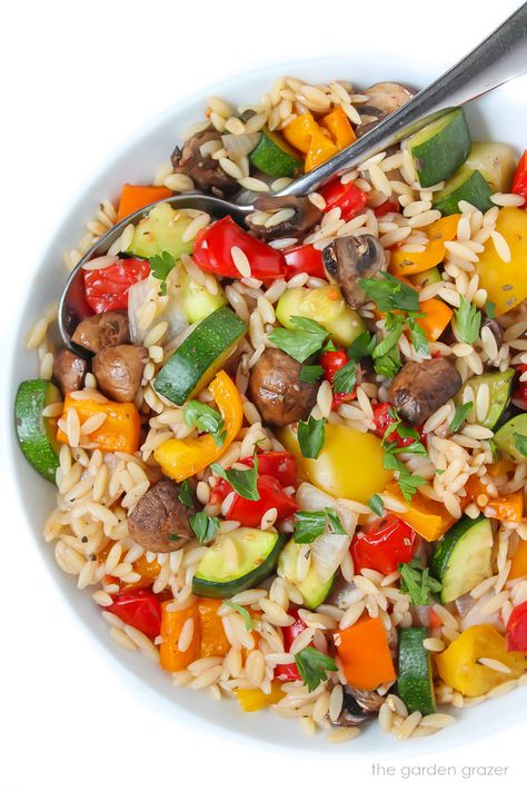 The Garden Grazer: Roasted Vegetable Orzo with Garlic-Balsamic Roasted Vegetable Orzo, Vegetable Orzo, Garden Vegetable Recipes, Garden Grazer, Easy Roasted Vegetables, Garlic Balsamic, How To Cook Orzo, Balsamic Recipe, Roasted Vegetable