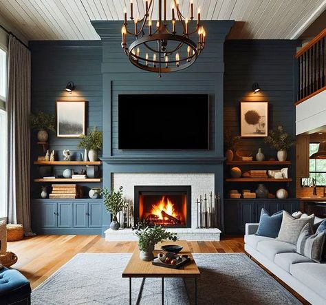 Cover Fireplace With Shiplap, Coastal Blue Fireplace, Shelves Fireplace Wall, Living Room With Fireplace Paint Ideas, Blue Shiplap Fireplace, Rustic Tv Room, Blue Fireplace Wall, Shiplap Fireplace With Tv, Large Tv Over Fireplace