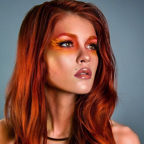 Fire goddess details ❤️🔥 Using @nyxcosmetics, @maccosmetics, @meltcosmetics, @bellaterracosmetics, @glitterinjections, @makeupforeverofficial, @houseoflashes, and @colourpopcosmetics. Full details in previous post. Masquerade Makeup, Phoenix Costume, Fire Costume, Fire Makeup, Larp Ideas, Goddess Makeup, Fire Goddess, Fire Fairy, Copper Glitter