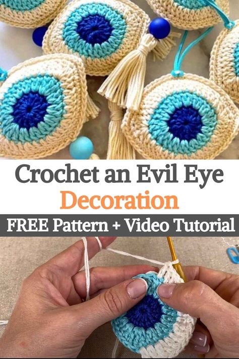 Crochet an Evil Eye Decoration Tutorial Evil Eye Decoration, Crochet Evil Eye, Cute Evil, Crochet Eyes, Crochet Keychain Pattern, Crochet Decoration, Fun Crochet Projects, Crochet Mandala, Crochet Keychain