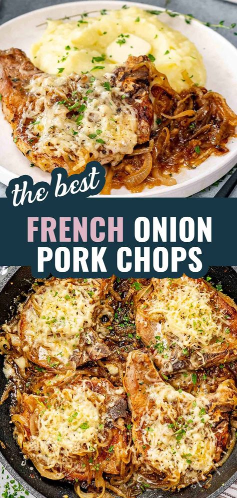 These French Onion Pork Chops are a quick and comforting dinner, loaded with caramelized onions and melty Gruyère cheese. Perfect for a cozy night in! #PorkChops #ComfortFood Recipes With French Onion Dip, Pork Chop Recipes French Onion, Onepan Recipe, Pork Chops Smothered, Onion Pork Chops, French Onion Pork Chops, Cheese Pork Chops, Leftover Pork Chops, Smothered Pork Chops Recipe