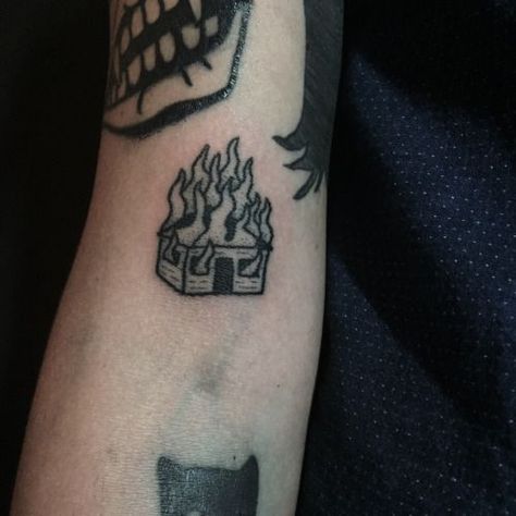 House Burning Tattoo, House On Fire Tattoo, Burning House Tattoo, Gang Boy, Burning Down The House, Burning House, Forearm Band Tattoos, Flame Tattoos, Small Pretty Tattoos